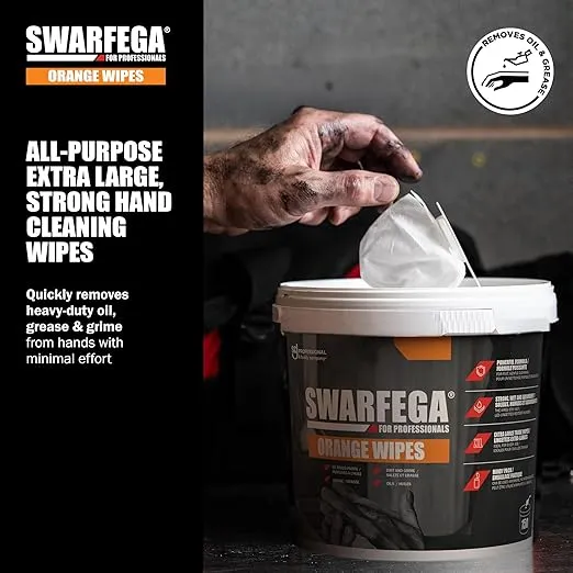 Lavete umede industriale SC Johnson Swarfega® Orange Wipes, pentru curatarea mainilor, a suprafetelor si a sculelor de ulei, grasimi, vopsea si murdarie dificila, flacon cu 150 de lavete — echipament de protecție
