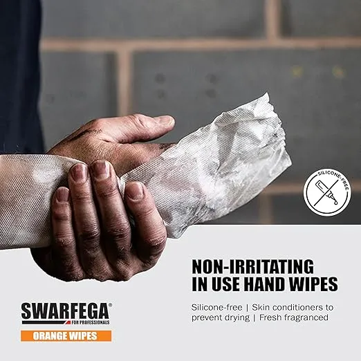Lavete umede industriale SC Johnson Swarfega® Orange Wipes, pentru curatarea mainilor, a suprafetelor si a sculelor de ulei, grasimi, vopsea si murdarie dificila, flacon cu 150 de lavete