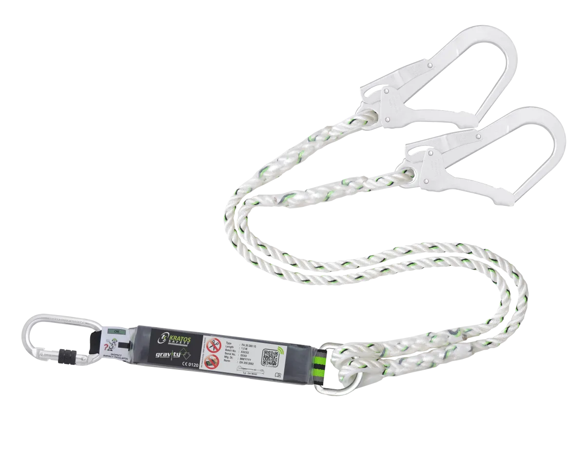 HOPE - Lonjă cu frânghie răsucită, cu absorbție de energie, furcată, 1,50 m și conectori FA5010117 și FA5020755