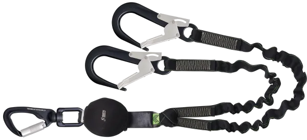 GRAVITY-S - Lonjă extensibilă cu furcă, cu absorbitor de energie și 3 carabine din aluminiu, lungime 1,50 m