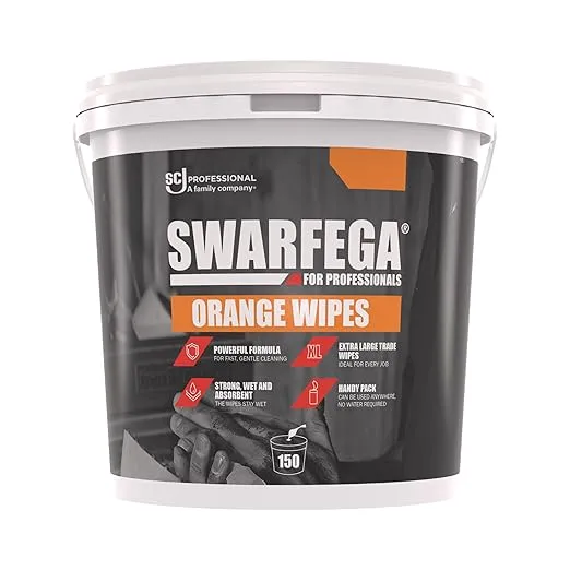 Lavete umede industriale SC Johnson Swarfega® Orange Wipes, pentru curatarea mainilor, a suprafetelor si a sculelor de ulei, grasimi, vopsea si murdarie dificila, flacon cu 150 de lavete